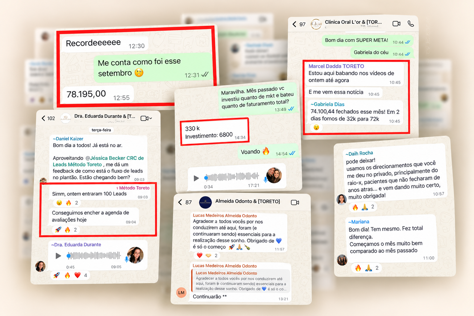 Prints de conversas com resultados e depoimentos de alunos do método Odonto Galaxy